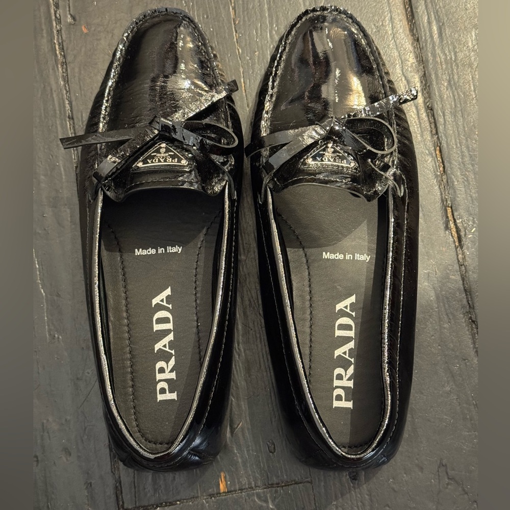 Prada Saffiano Patent Leather Bow Slip On Loafers